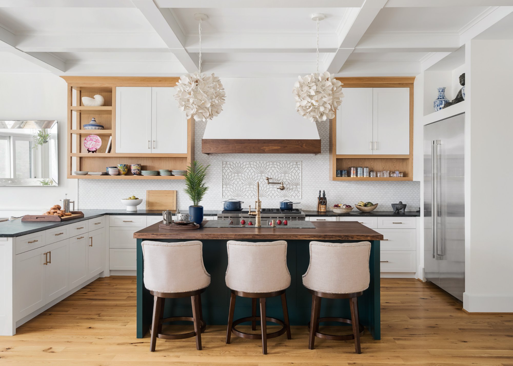 Kitchen with coffered ceiling, white oak shelving, and deep green island — Nordic Farmhouse, Hunt Valley