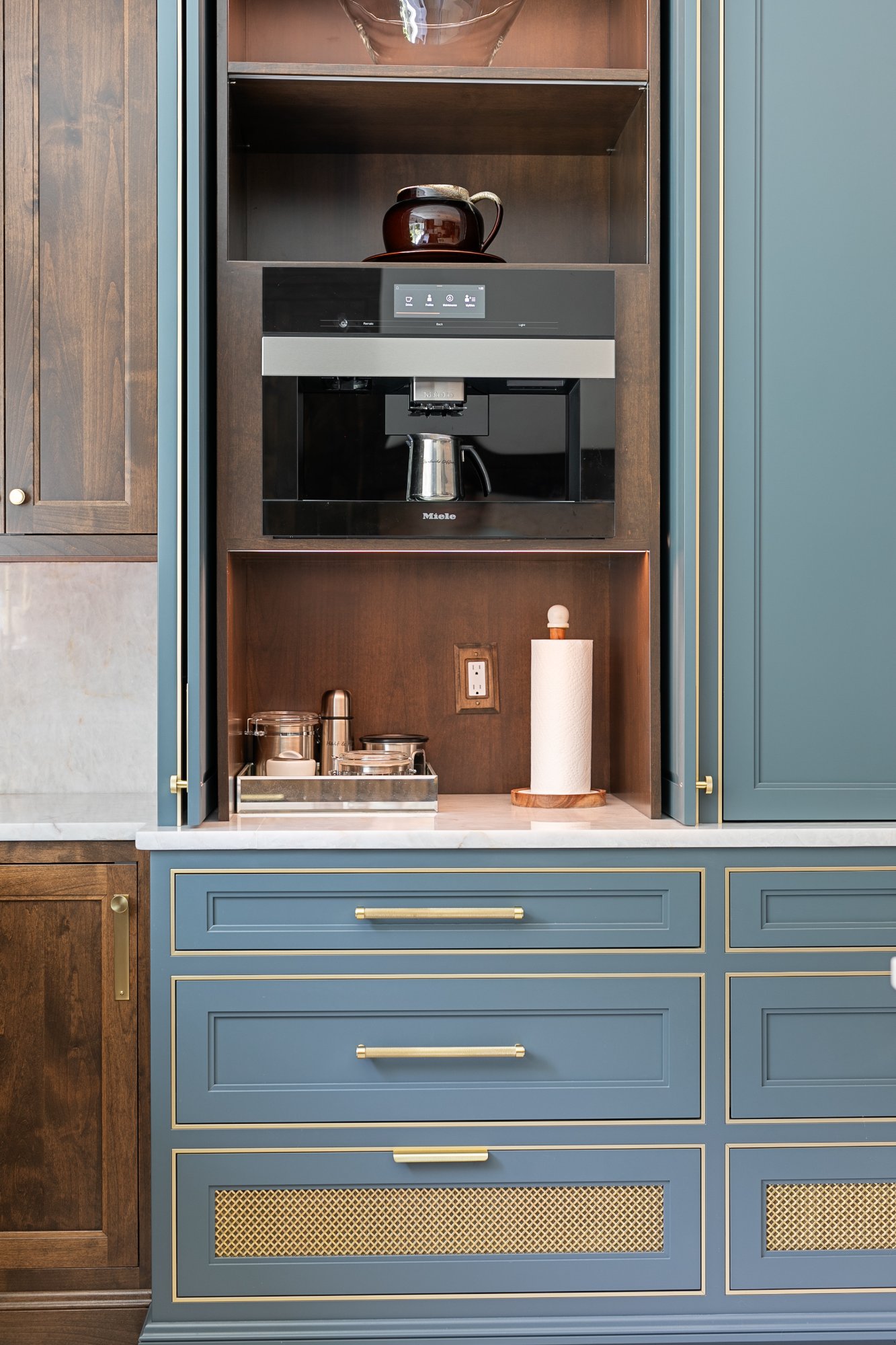 Coffee station in blue-green cabinetry — Monkton Farms