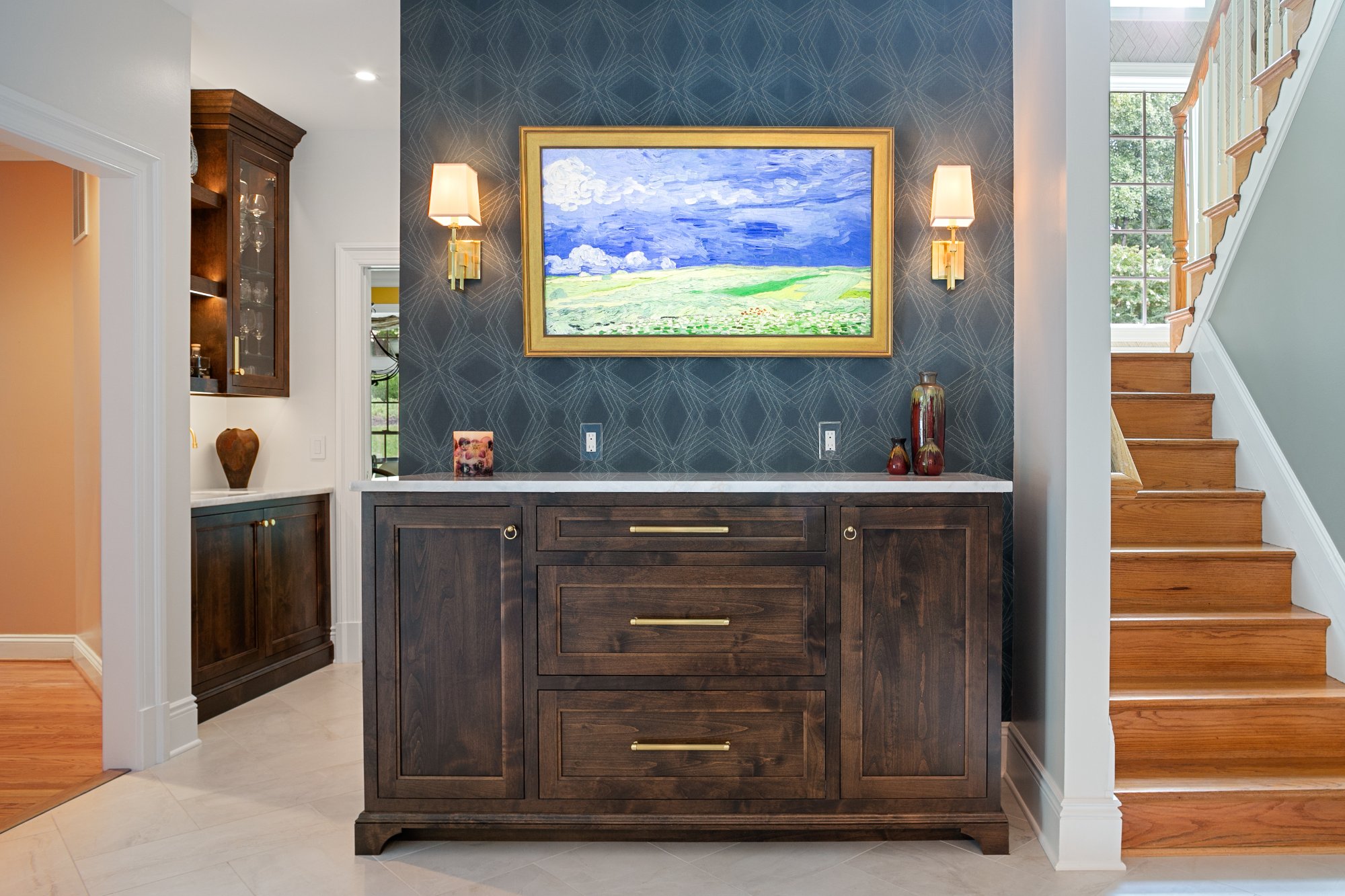 Foyer credenza with wallpaper accent wall — Monkton Farms