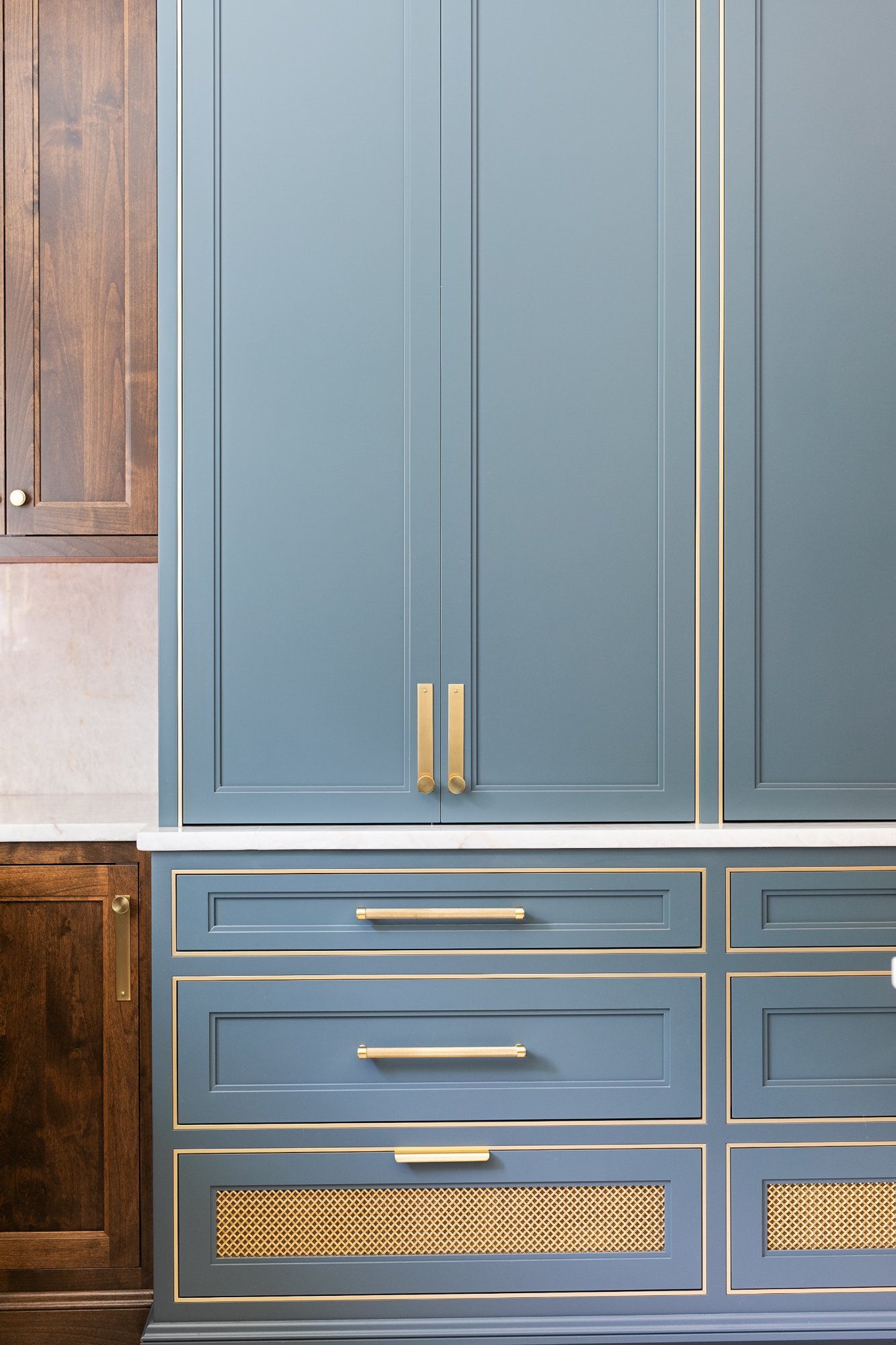 Built-in wet bar with walnut shelving and glass cabinet — Monkton Farms
