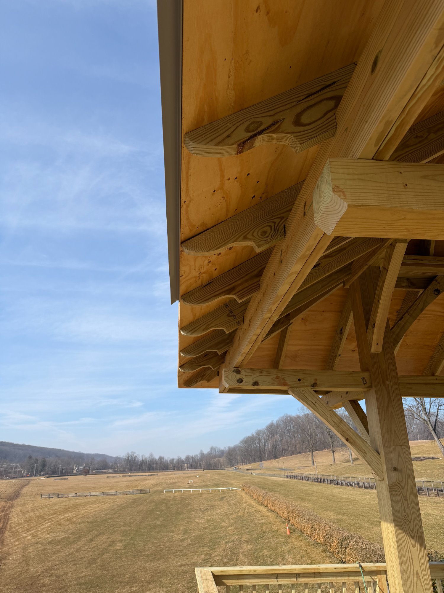 Decorative scalloped timber corbels and roof overhang detail with rolling steeplechase course beyond — Shawan Downs